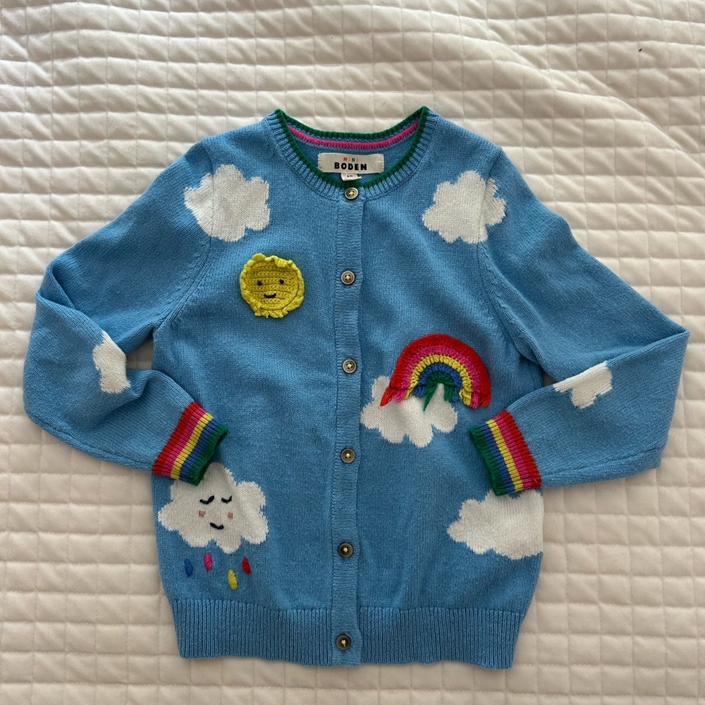 Mini Boden Blue Cardigan with Rainbow and Cloud Design